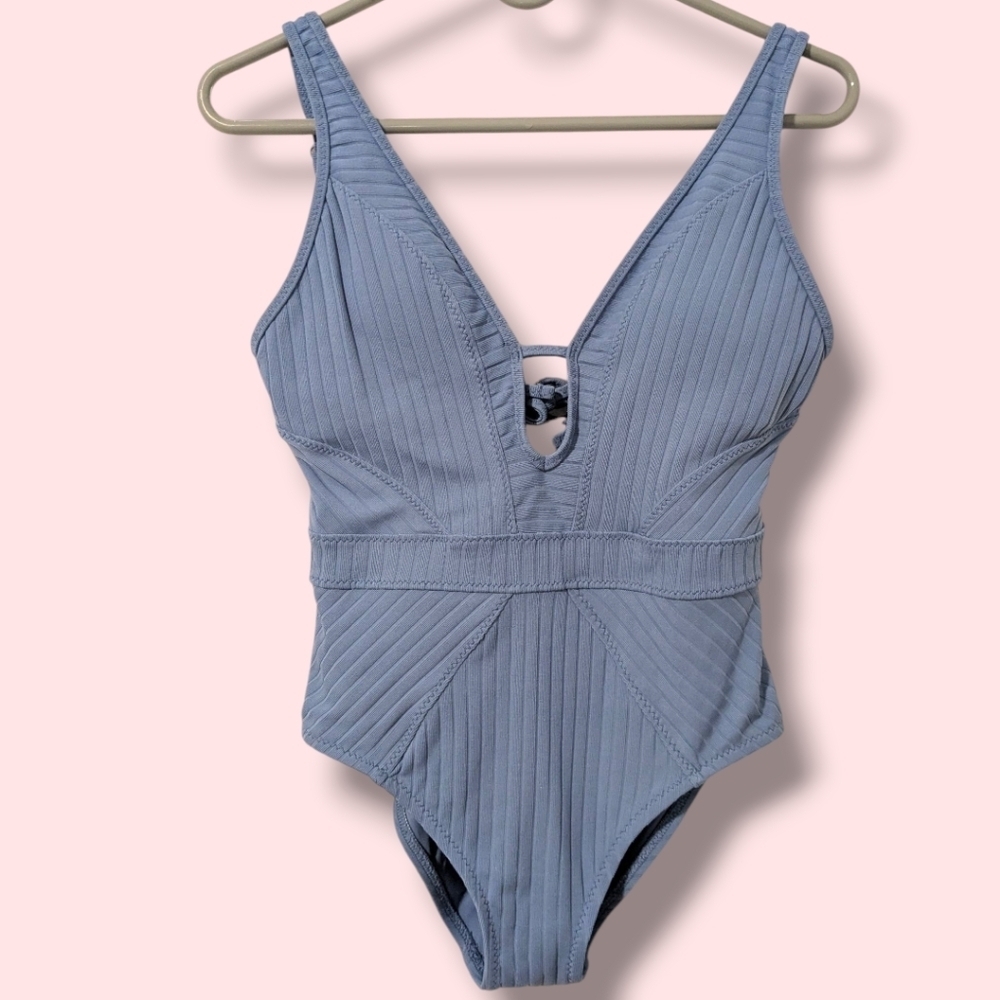 Becca Blue Ribbed Cut-Out V-Neck Open Back Cheeky Loredo One Piece Swimsuit SM